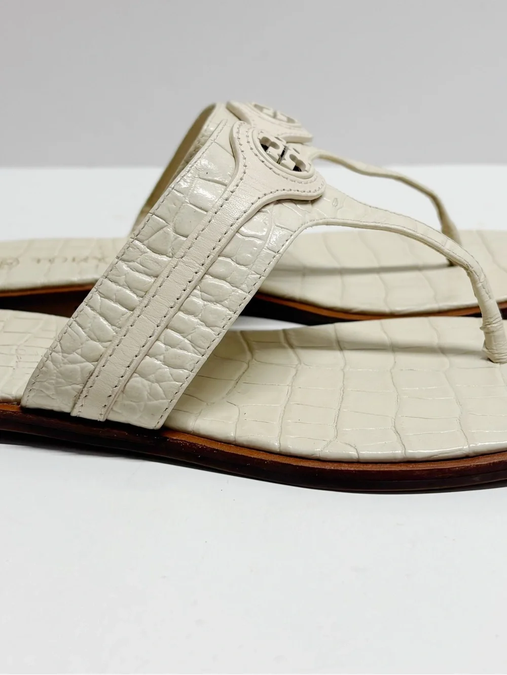 Tory Burch Cream Croc-Embossed Thong Logo Sandals